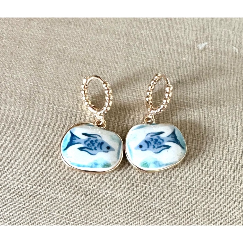 Blue & White painted-style fish charm Earrings with a Mediterranean aesthetic